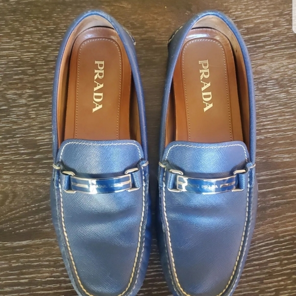 PRADA MENS BLUE LEATHER LOAFERS Saffiano SHOE SIZE 7.5 Prada Logo - Picture 5 of 8